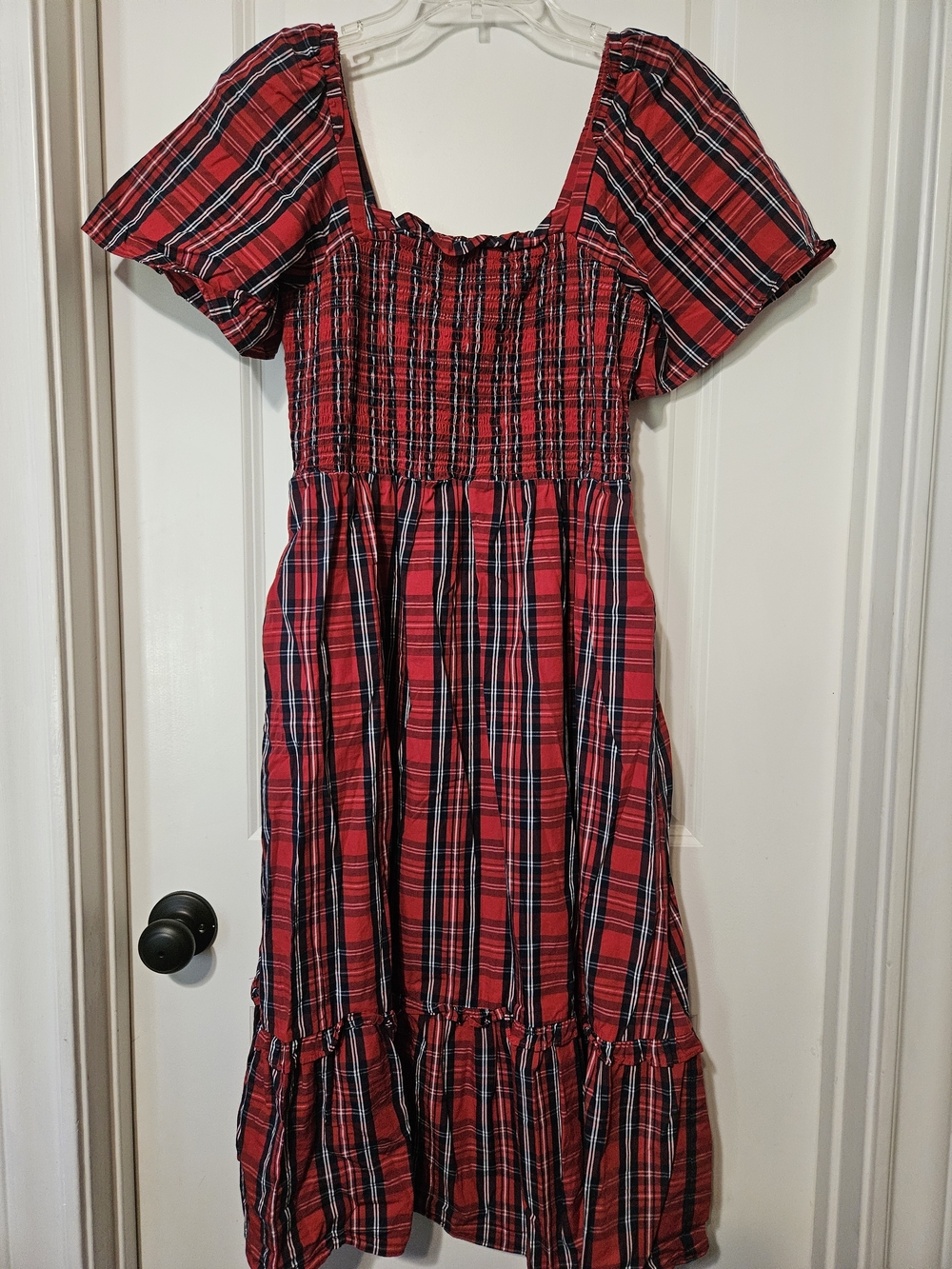 Draper James Red Plaid Smocked Midi Dress